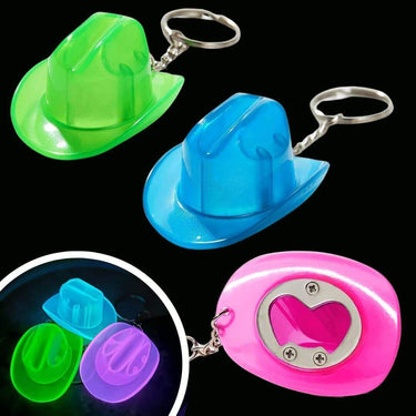 Green, blue and pink cowboy hat glow-in-the-dark bottle opener keychains with heart-shaped opener for music festivals and concert accessories